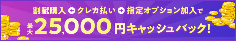 割賦購入＆クレカ払い＆指定オプション加入で25,000円キャッシュバック！