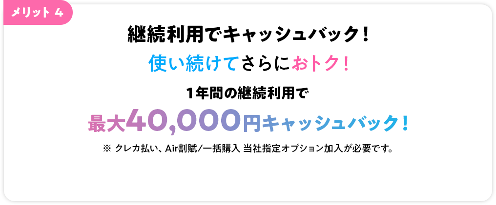 メリット4 継続利用で最大40,000円キャッシュバック！