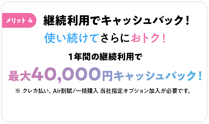 メリット4 継続利用で最大40,000円キャッシュバック！